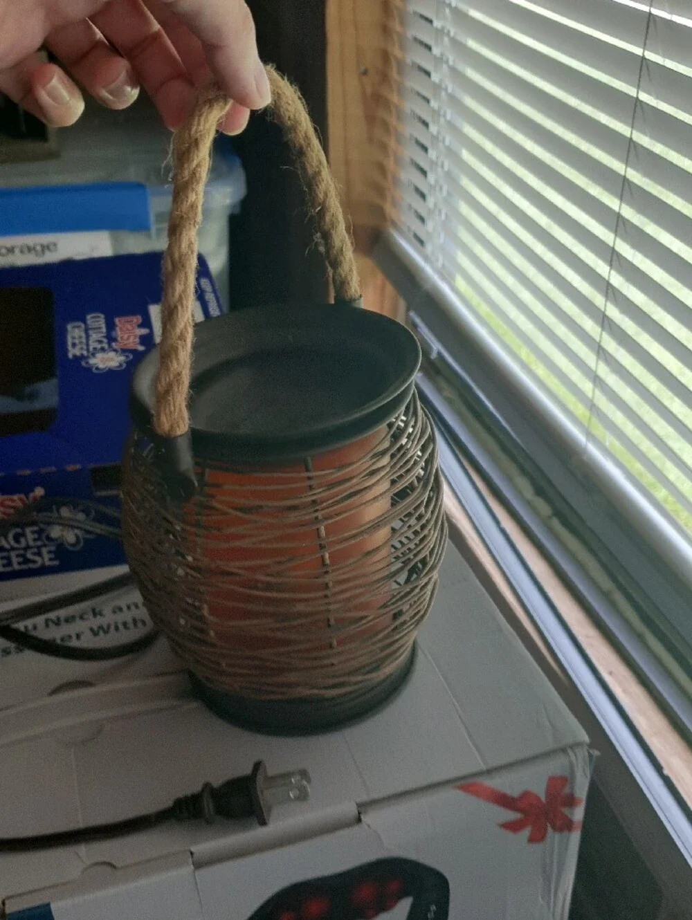 Woven Rattan Candle Lantern with Black Metal Accents - Brown